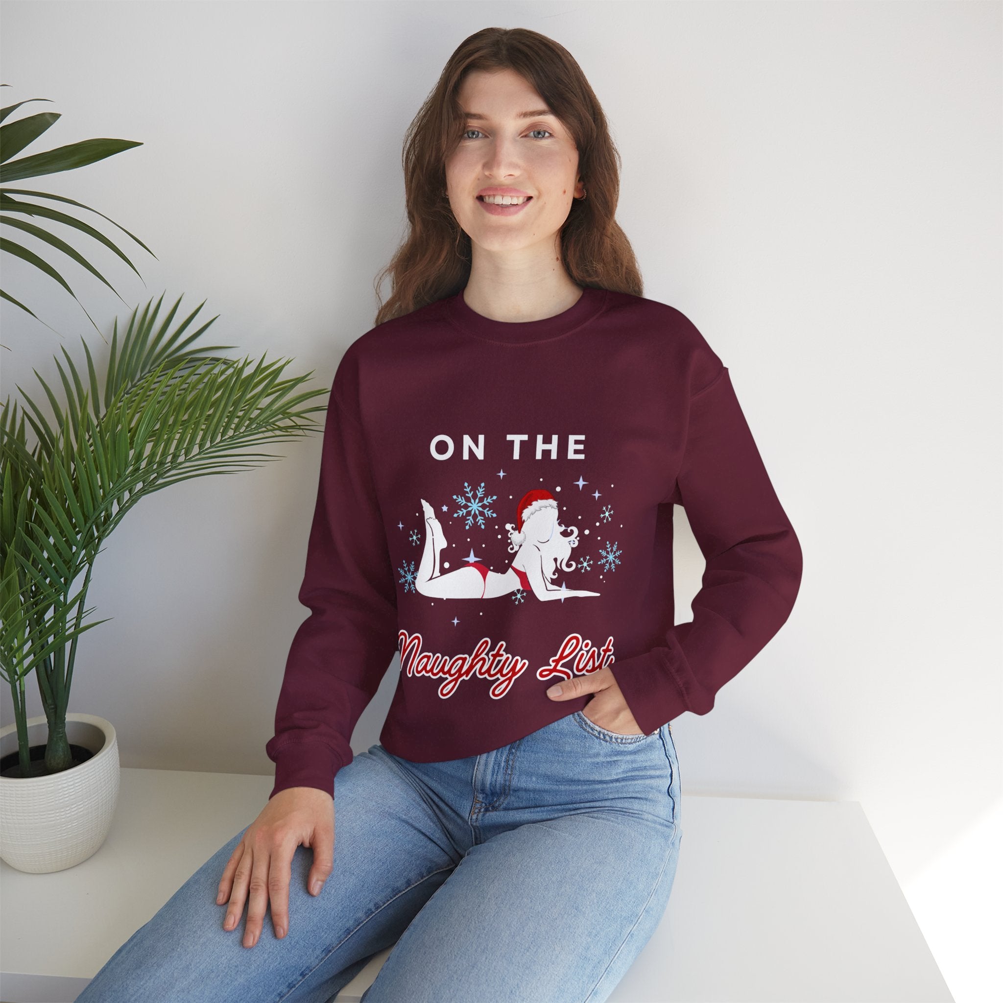 ‘On the Naughty List’ White Print Christmas Crewneck