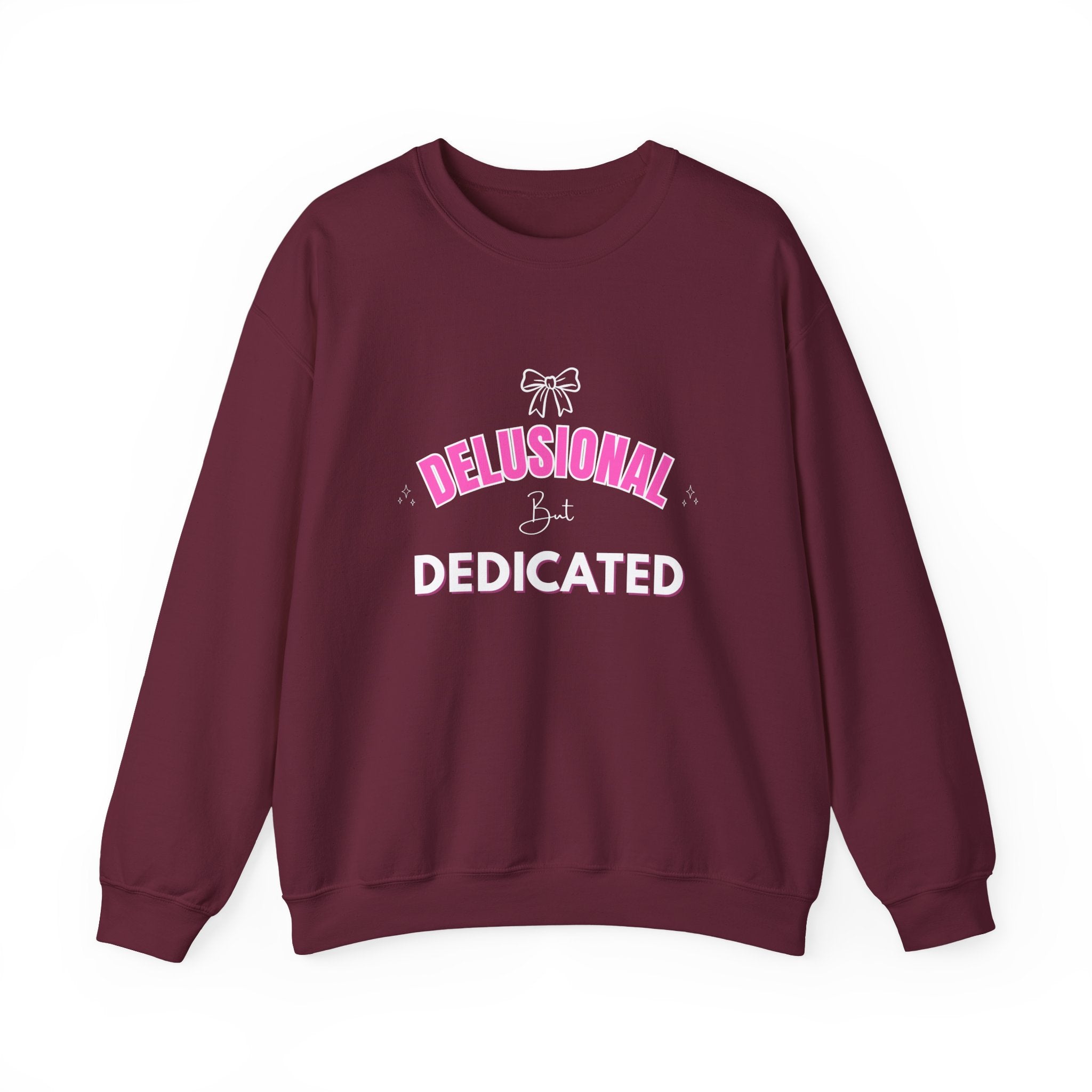 ‘Delusional But Dedicated’ White Print Crewneck