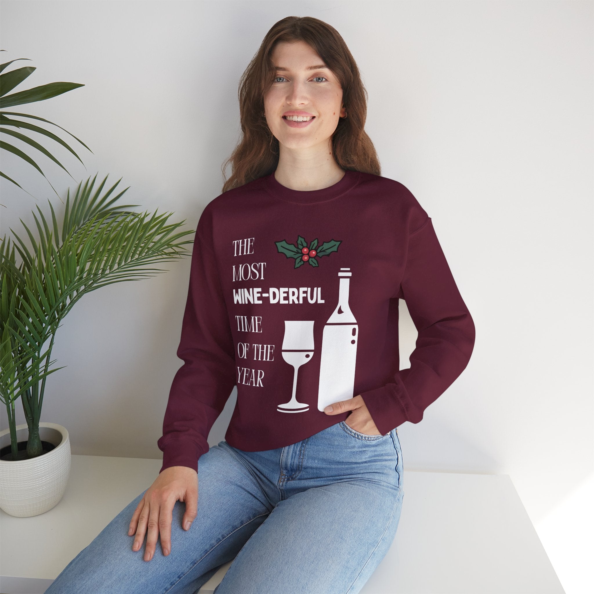 ‘Wine-derful’ Christmas White Print Crewneck