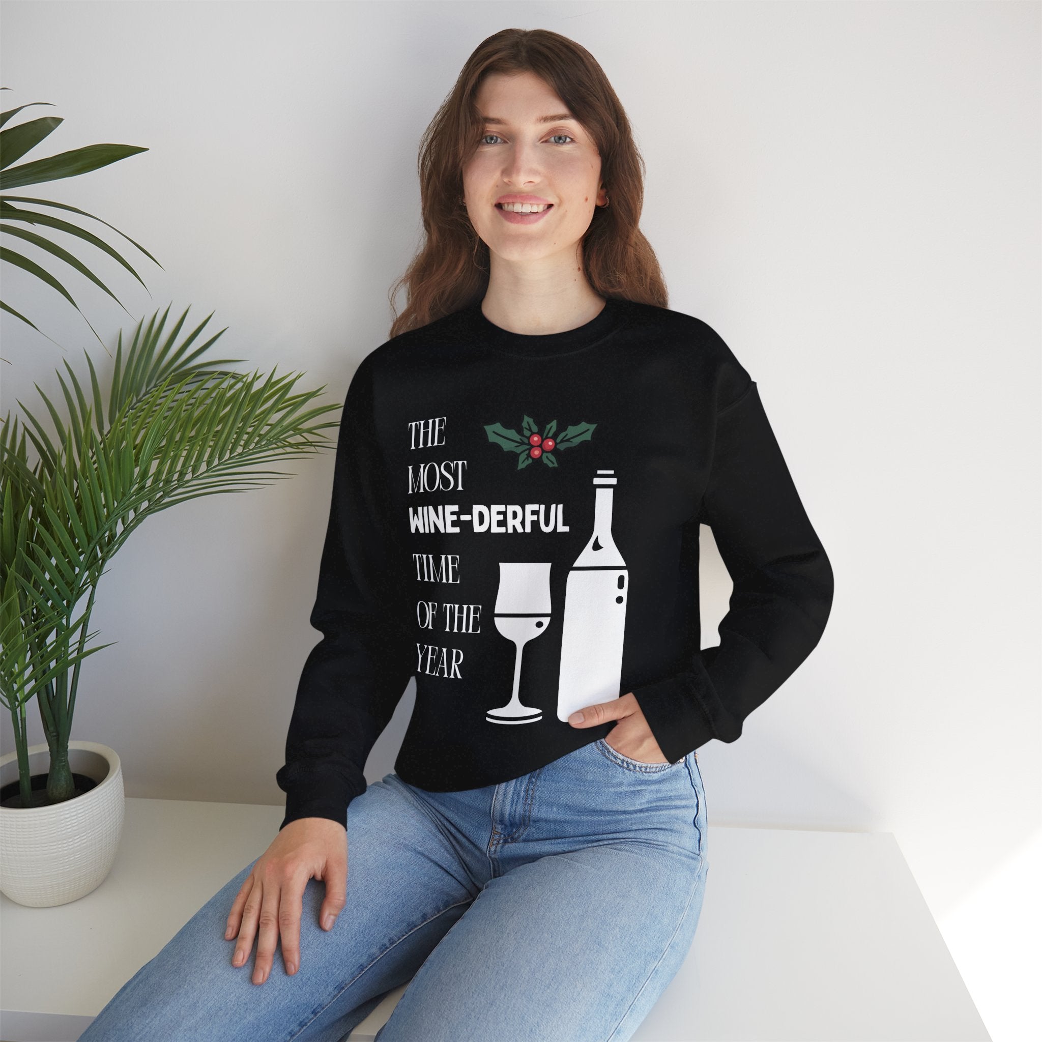 ‘Wine-derful’ Christmas White Print Crewneck