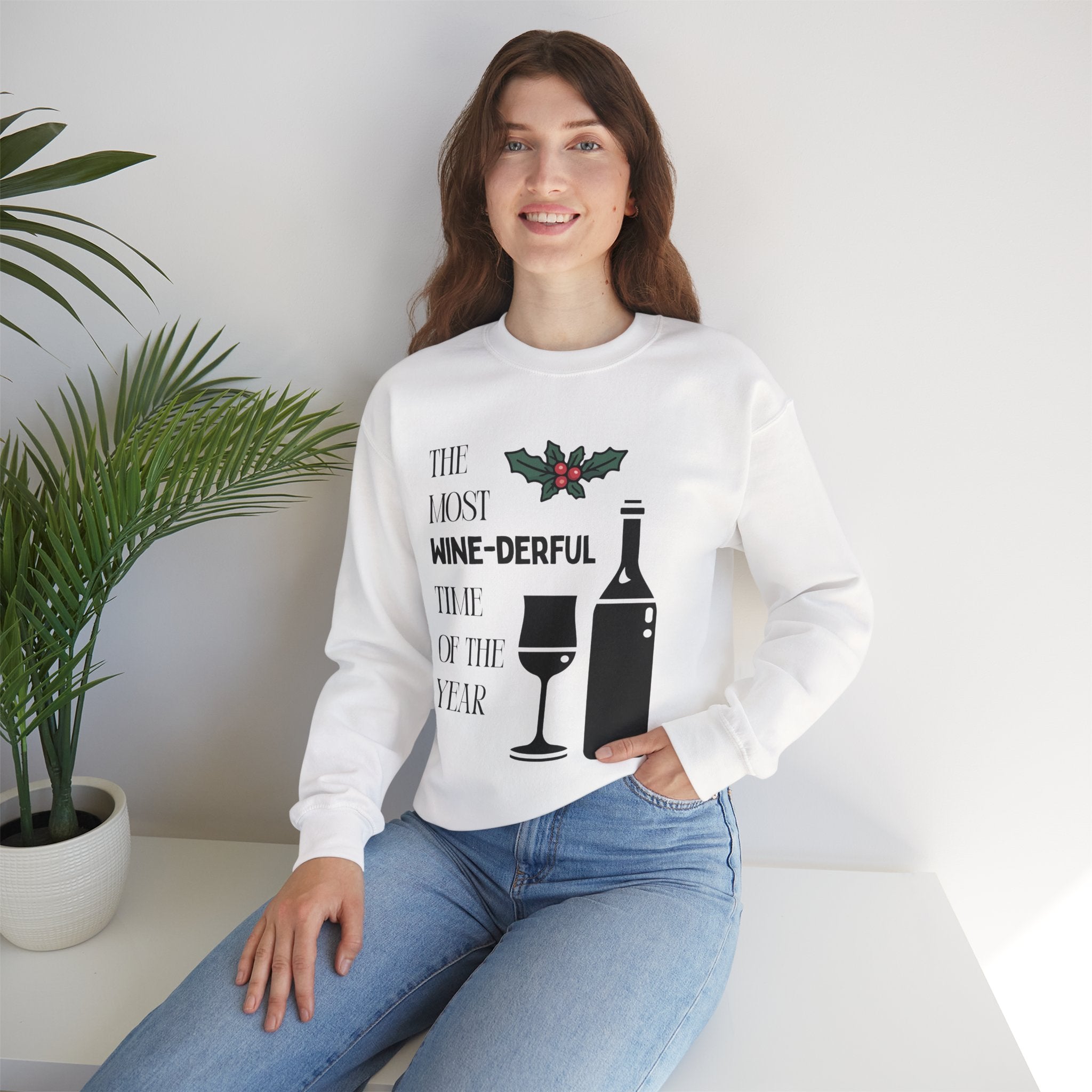 ‘Wine-derful’ Christmas Black Print Crewneck