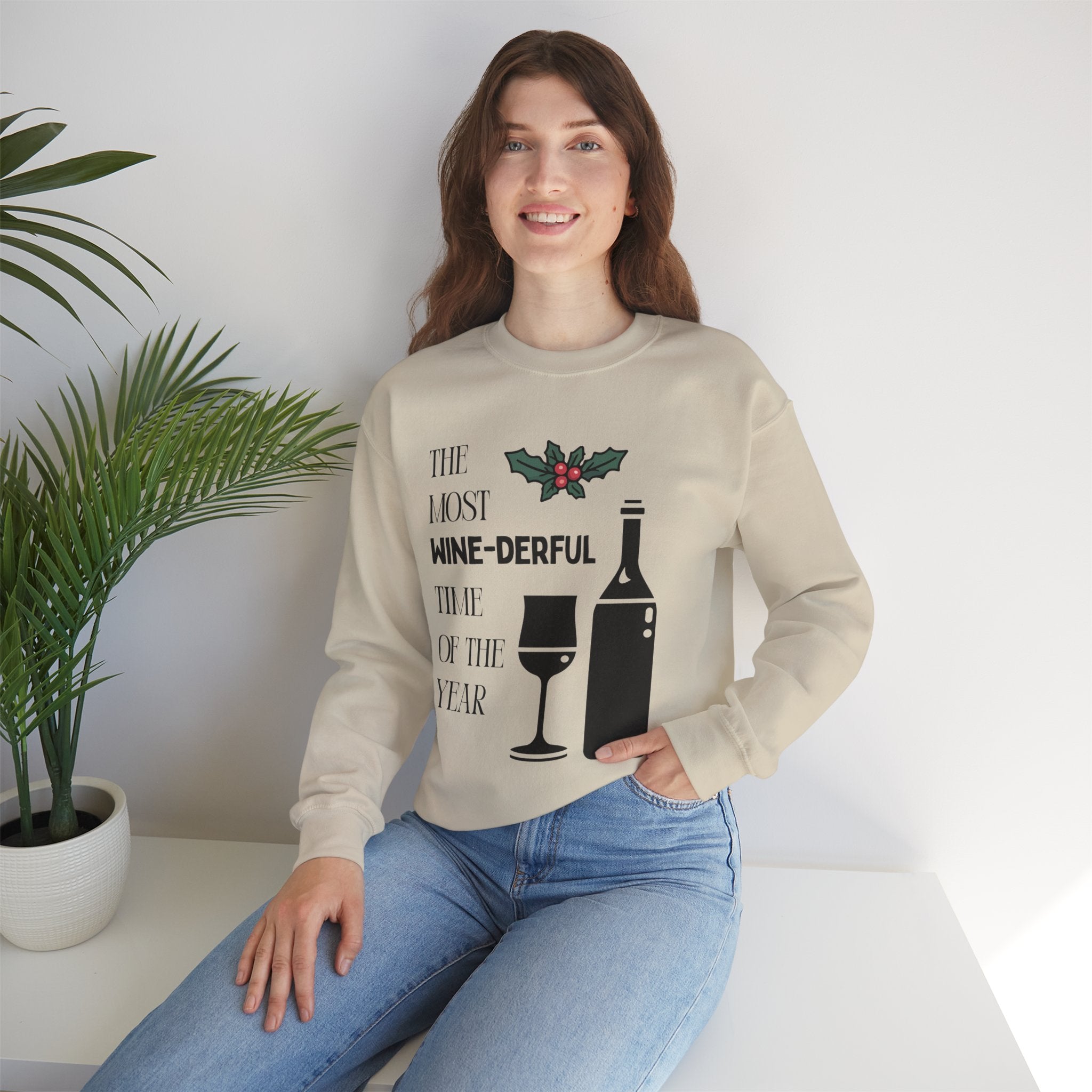 ‘Wine-derful’ Christmas Black Print Crewneck