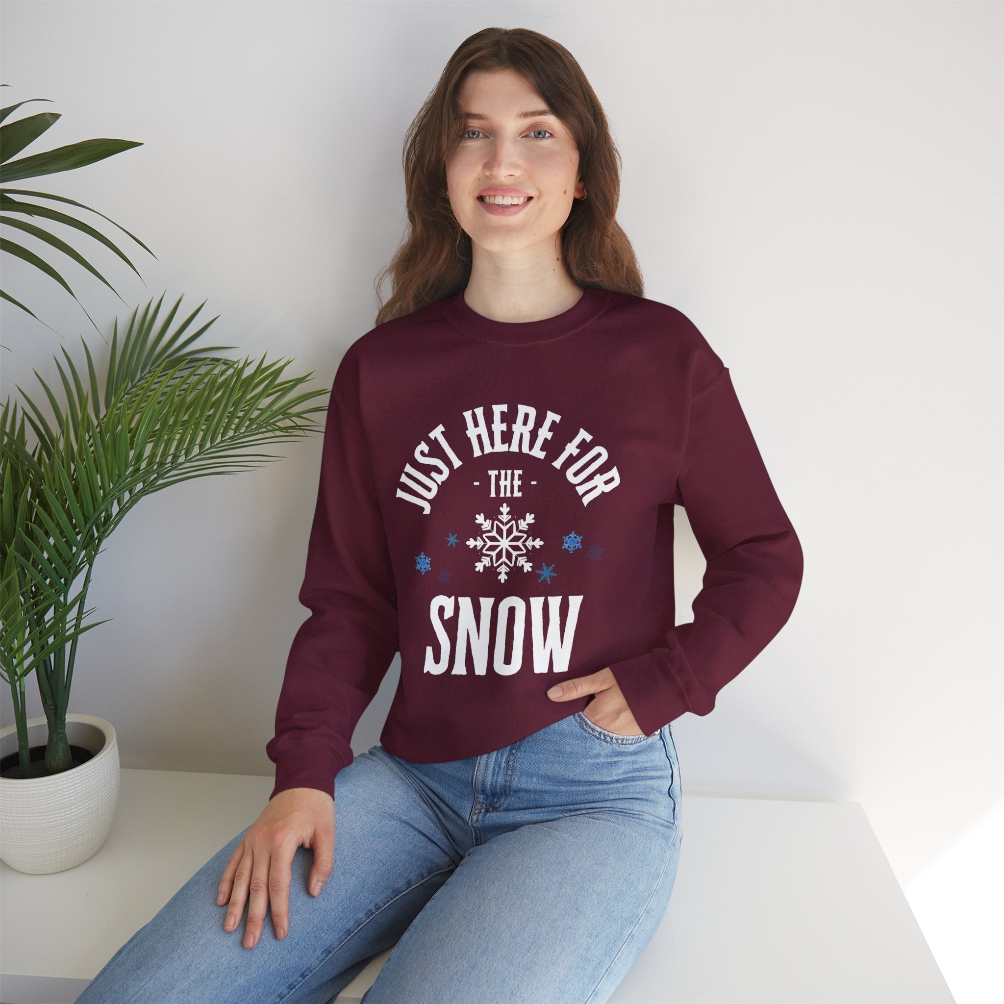 ‘Here for the Snow’ White Print Crewneck