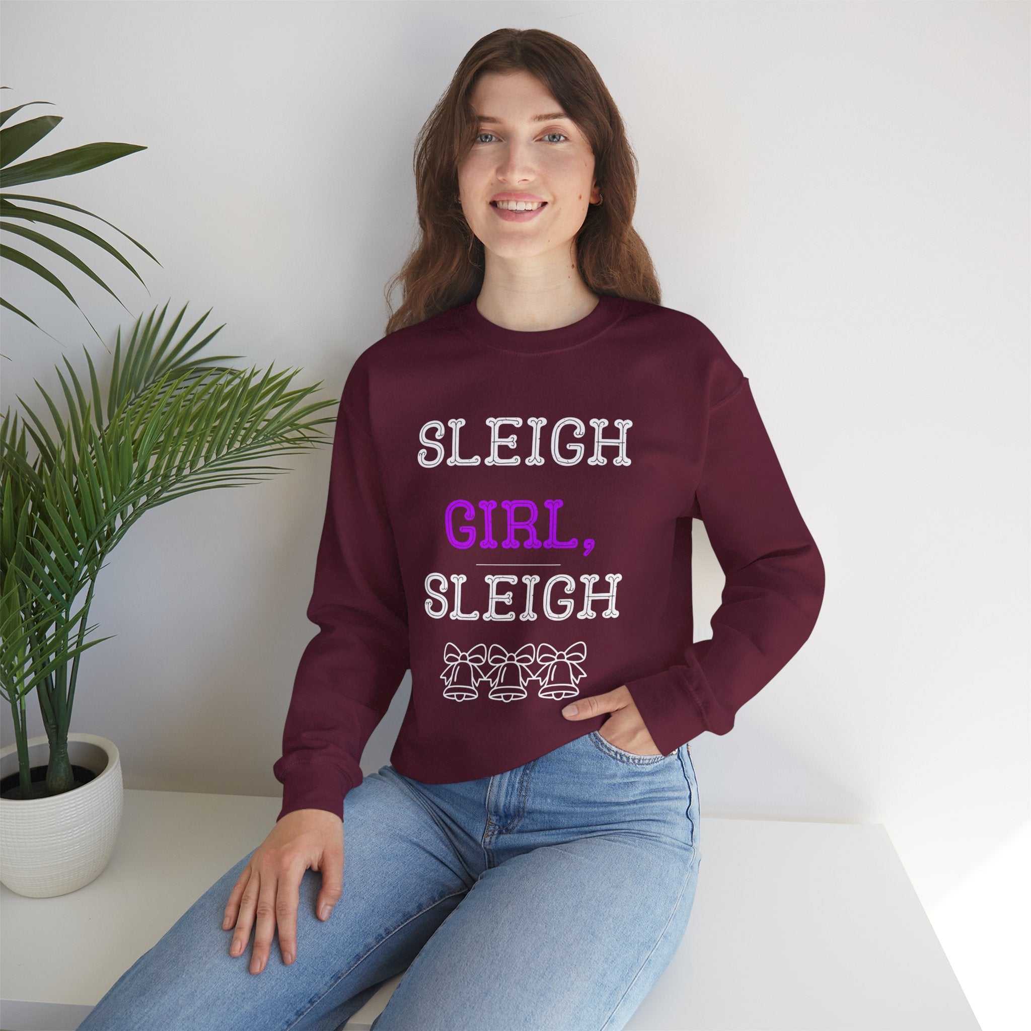 ‘Sleigh Girl Sleigh’ White Print Crewneck